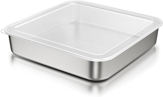9 x 9-Inch Baking Pan with lid, 304 Stainless Steel Square Cake Pan, Commercial Grade Bakeware for Cakes Brownies Casseroles, Thicker Rectangle Sheet Cake Pans, Non-toxic & Heavy Duty &Dishwasher Safe