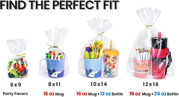 PigPotParty Cellophane Treat Bags 7x10 Inch, 100 Pack Clear Goodie Bags with Bottom Gusset for Stand-Up Display, Small Plastic Gift Wrap for Cookies, Candy, Party Favors, Popcorn, Includes 100 Ties
