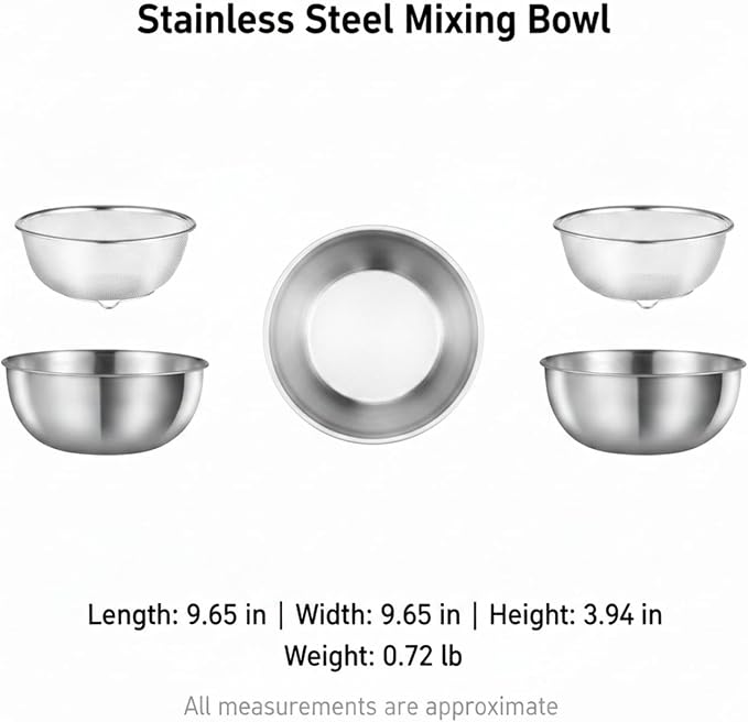 Stainless Steel Mixing Bowl Set with Nested Strainer, 2-in-1 Prep Basin for Washing, Draining, and Mixing