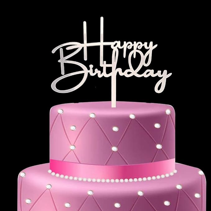 Happy Birthday Cake Topper for Birthday Party Decorations - Mirror Silver Acrylic