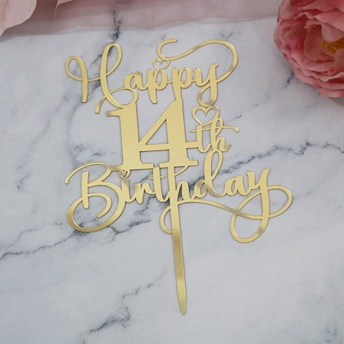 Happy 14th Birthday Cake Topper,Mirrored Gold Acrylic Birthday | for Cheers to 14 Years Birthday/Anniversary Party Decoration Ideas, Perfect Keepsake for your family and friends(14th)