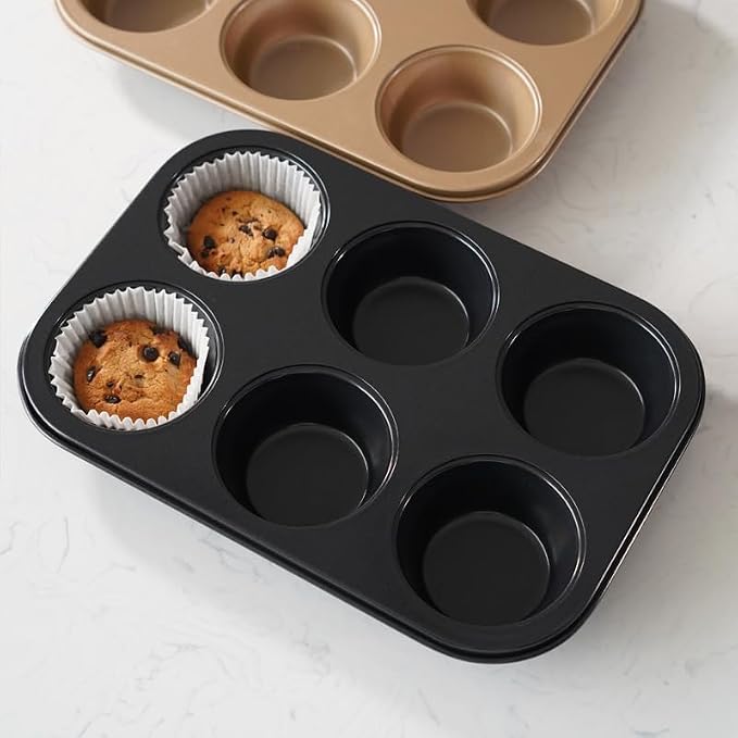 Premium Non-Stick Muffin Baking Pan,2Packs Cupcake Pan,Stainless steel 6-Cup Muffin Tin (Black)