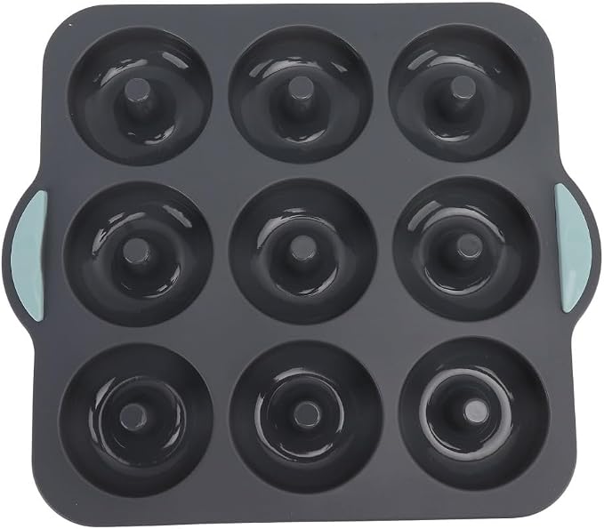 Limen Silicone Donut Baking Mould Tray, 9-Cavity Non-Stick Ring Cake Pan with Center Posts and Dual Side Handles for Oven Baking 11.5x10.12 in(Grey)