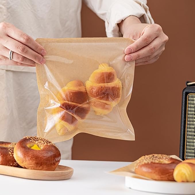 Ocmoiy 100ct Heat-Sealable Bakery Bags with Window for Egg Sandwich, Donut, Cookies Packaging, 7.1x7.5 Inches Clear Front Brown Paper Treat bags To go, Grease-Resistant (100)