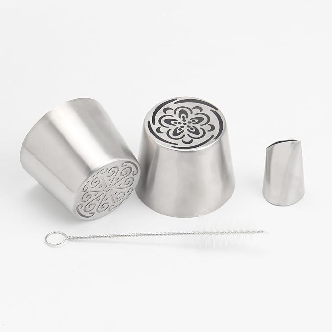 4Pcs Extra Large Russian Flower Piping Nozzles, Stainless Steel Rose Tulip Piping Tips for Cake Decorating, Includes 2 Extra Large, 1 Leaf Nozzle, and 1 Pagoda Brush, Dessert Baking Tool