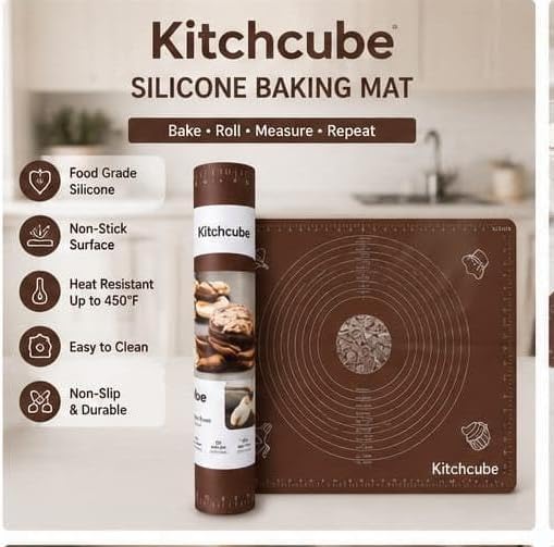 Silicone Baking Mat for Rolling Dough – Non Stick Pastry Mat with Measurement Guide for Fondant, Pizza, Bread, Pie Crust, Cookies & Baking – Reusable Food Grade Silicone Bake Mat Brown