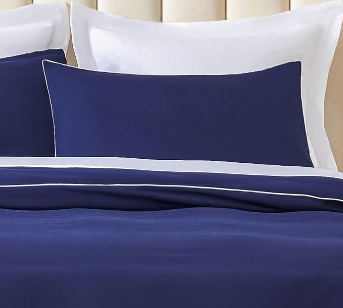 DAUAOTO Duvet Cover Twin/Twin XL Set, Navy Blue Microfiber Dorm Bedding, Decorative White Piping, 1 Zipper Closure Cover + 1 Standard Sham