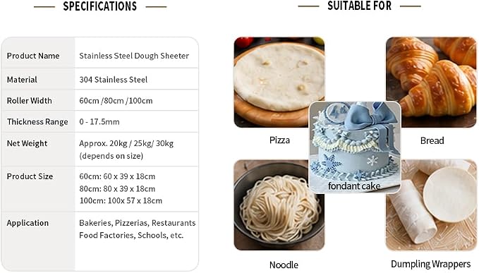 304 Stainless Steel dough Sheeter and Fondant Roller, fondant non-stick roller Manual,1-20mm Adjustable Thickness, 2 board 31.5inch, frosted and smooth boards