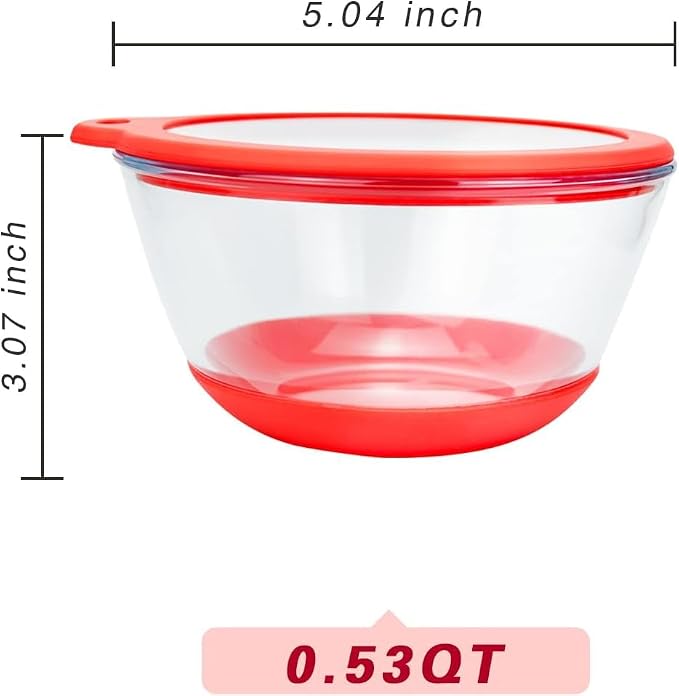 MR. CHOU Glass Serving Bowls - Ideal for Cereal, Soup, Pasta, and Salad - Stackable & Microwave Safe with Lid, Non-Slip Base - Perfect for Parties, Entertaining, and Meal Prep - BPA Free, Red, 0.5QT