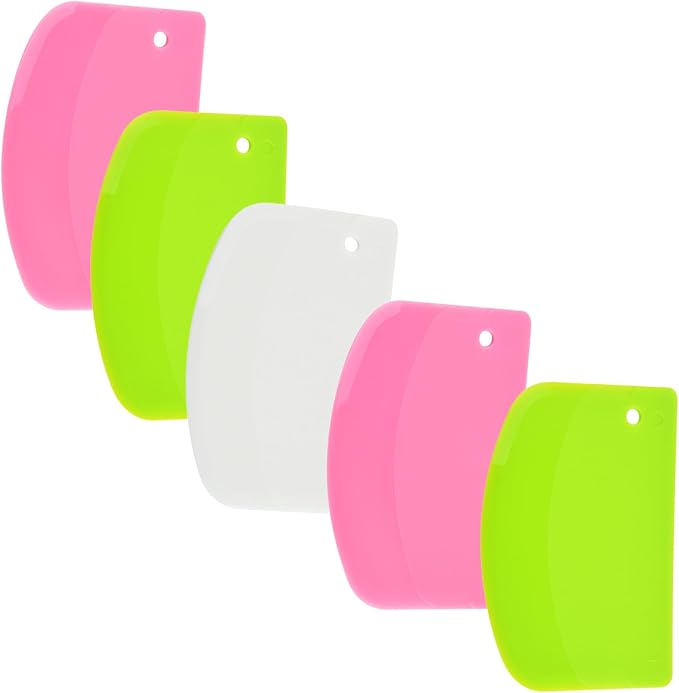 5 Pack Dough Scraper, 5.3 x 3.6 Inch Plastic Bench Scraper, Bowl Spatula, Kitchen Pastry Cutter Tool for Bread Dough, Pastry, Pizza, Baking Cake (Green,Pink,White)