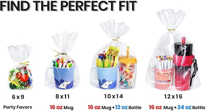 PigPotParty Cellophane Bags 8x11 Inch,100 Pack Clear Plastic Gift Bags with Bottom Gusset for Stand-Up Display, Medium Cello Gift Wrap for Goodies, Treats, Party Favors, Mugs, Includes 100 Gold Ties