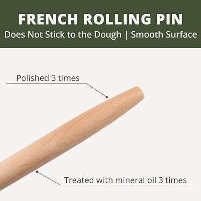 Wooden Rolling Pin for Baking Beech Wood French Rolling Pin Tapered Rolling Pin for Fondant Pie Crust Cookie Pastry Pizza Bread Non Stick Dough Roller 15.75-Inch