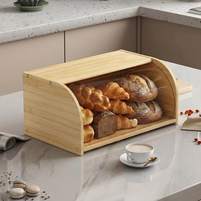 Roll Top Bread Container for Kitchen Countertop, Bamboo Bread Box with Clear Lid, Bread Container Storage(Bamboo without cutting board)