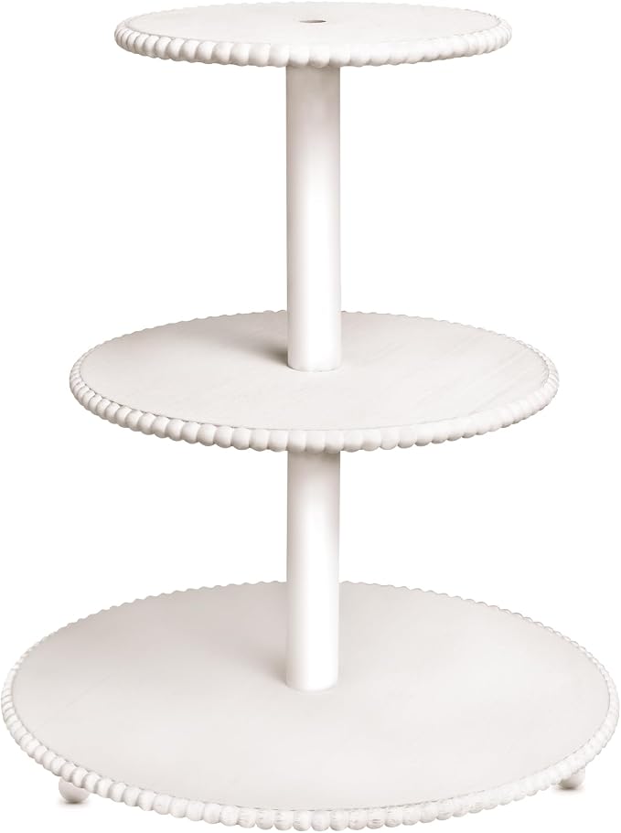 GENMOUS 3 Tier Beaded Cupcake Stand for Farmhouse Wedding Decor, Rustic Wood Cupcake Tower Holder for 24 Cupcakes, White Three Tiered Serving Tray Dessert Display Stand for Birthday Party Baby Shower
