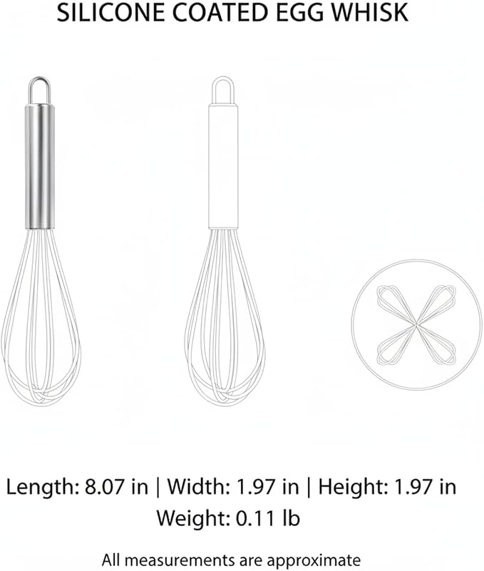8-Inch Silicone Coated Egg Whisk, Stainless Steel Wire Mixer for Non-Stick Cookware, Red Kitchen Tool for Baking and Cooking