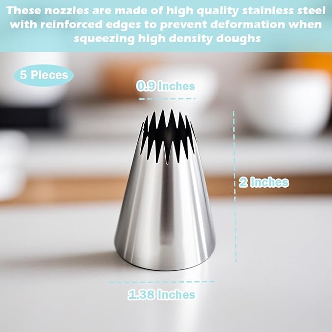 Hendiy Stainless Steel Churro Piping Tips, 5 Pieces | 9FT Large Piping Tip, Churro Maker Icing Tips, Pastry Tips, For Cake Decorating Frosting