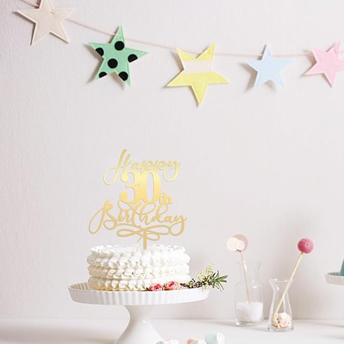 Happy 30th Birthday Cake Topper,Mirrored Gold Acrylic Durable Cake Topper,Hello 30, Cheers to 30 Years/30th Anniversary,30th Birthday Party Cake Decorations,Birthday Party Decorations