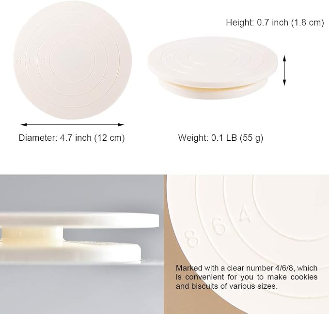 4.7 inch (12cm) Round Cookie Decorating Turntable, Rotating Cake Turntable Stand Baking Decor Plate, Food Contact Safe Plastic - White