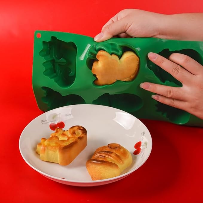 6 Cavities Silicone Cookies Biscuit Mold, Christmas Halloween Baking Candy Mold, Reusable DIY Jelly Chocolate Mold, Ice Cube Tray Wax Melt Molds(Set of 2 Green Christmas Stocking Bells)