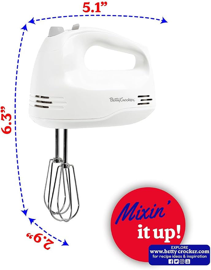 Betty Crocker 5-Speed Hand Mixer, 150 Watts Power, Easy-Clean Chrome Plate Beaters, Beater Eject Button, Heel Rest, Sleek Compact Design, Apartment Essentials, BC-4203WT, White