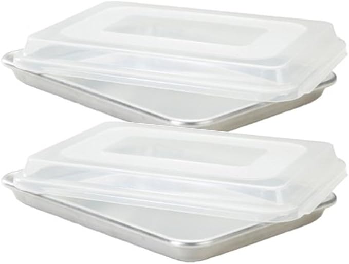 Commercial Grade Half Size Aluminum Baking Sheet Pan with 2 Snap-Tight Plastic Lid Covers, 13" x 18", Set of 2, NSF Approved
