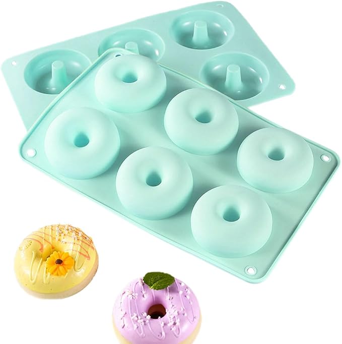 Silicone Donut Pan, Non-Stick Mold, Donut Mold for 6 Full-Size Baking Perfect Shaped Doughnuts - Cake Biscuit Bagels 2Pcs (Mint Green)
