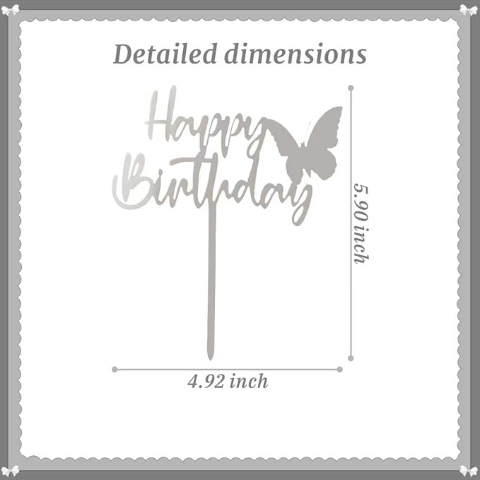 Silver Butterfly Happy Birthday Cake Topper Mirrored Acrylic Happy Birthday Cake Party Sign Decoration