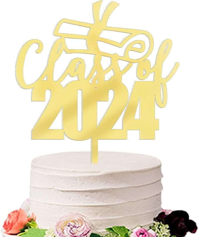 Mirror acrylic Class of 2024 Cake Topper - Congrats Grad Cake Toppers - Gold Glitter Graduation Party Decorations