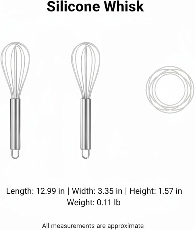 Multipurpose Silicone Whisk for Batters, Sauces & Eggs - Non-Scratch Coated Wires with Stainless Steel Core, 13 Inch Kitchen Tool