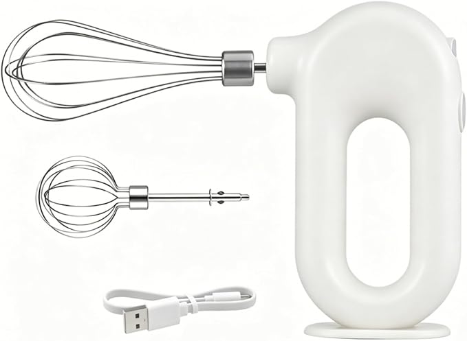 Cordless Hand Mixer, Electric Hand Whisk Portable Egg Beater Handheld Egg Beater Electric Handheld 4 Speed Adjustable Mini Hand Mixer Electric Mixer, USB Charing, 1500mah(White)