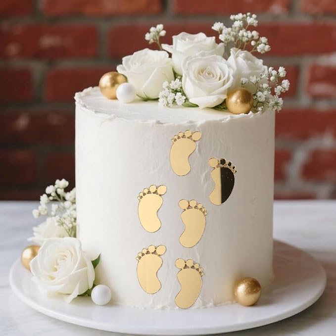 60pcs/bag Baby Shower Acrylic Cake Topper Baby Feet Cake Decoration Oh Baby Gender Reveal One 1st Birthday Party Boy and Girl (Gold)
