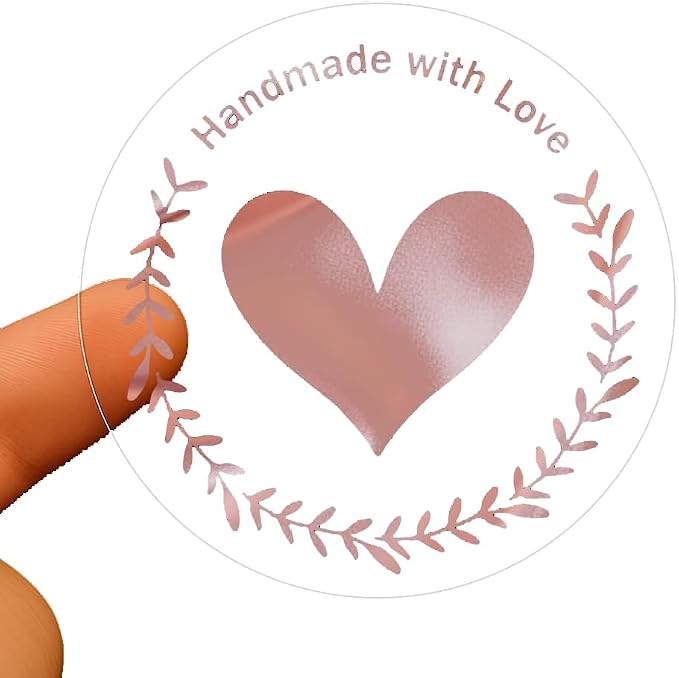 100 PCS Handmade with Love Stickers, Clear Rose Gold Foil Heart Labels for Small Business Packaging, Baking, Gift Wrapping, Envelopes, Favor Bags & Dessert Treat Bags, 1.6 Inch