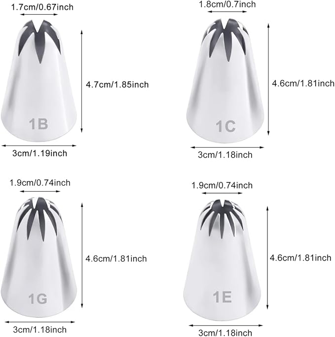 Large Piping Tips Set 1B 1C 1E 1G,Drop Flower Icing Tips for Star,Shell,Swirl,Rosette,Cake & Cupcake Decorating,Closed Star,4 Pcs
