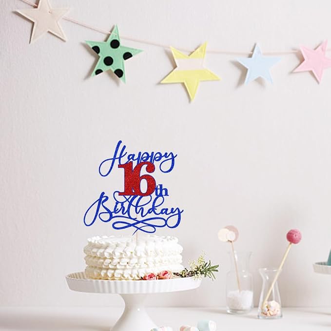 Happy 16th Birthday Cake Topper,Deep blue font red Numbers 16th Birthday Cake Decoration,Hello 16, Cheers to 16 Years/16th Anniversary,16& Fabulous Party Decoration