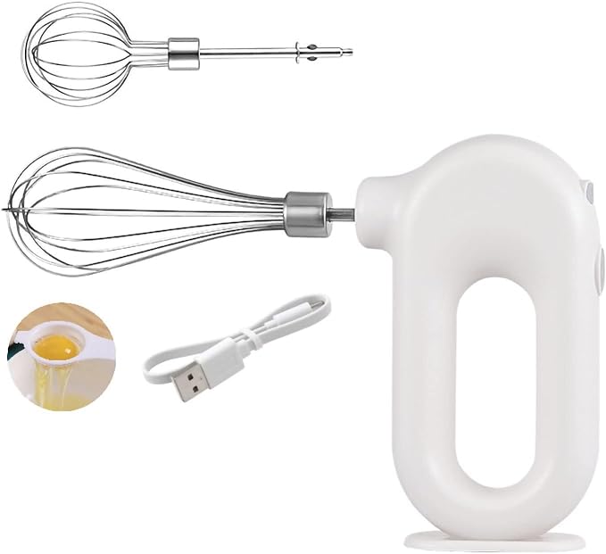 4 Speed Electric Hand Mixer, Mini 4 Speed Adjustable Cordless USB Rechargeable Electric Whisk Hand Mixer Portable Handheld Mixer 1500mAh Egg Beater (White)
