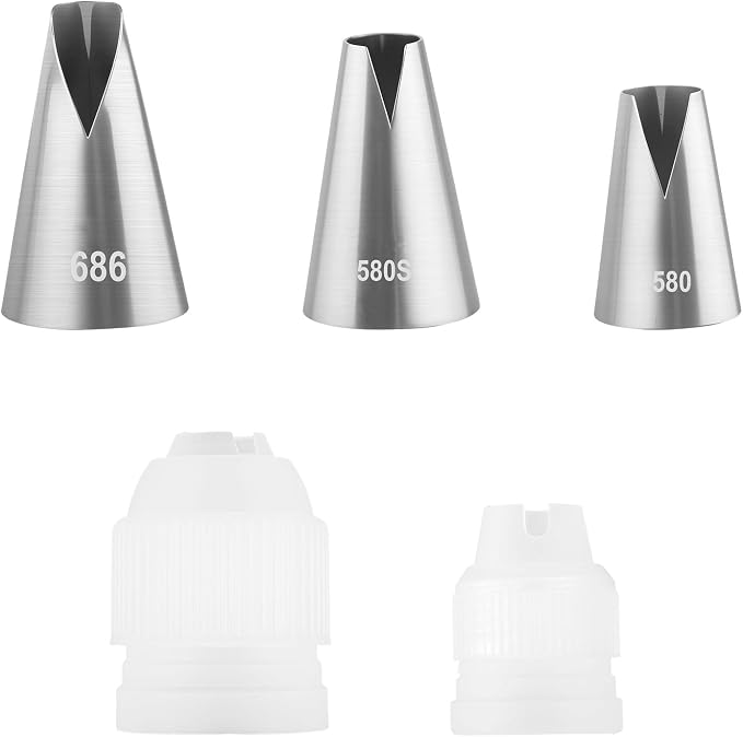 5 Pcs V-Shaped Piping Tips Set with 2 Couplers, Large Cake Decorating Tips, 304 Stainless Steel Frosting Icing Nozzles for Cupcakes, Cookies, Pastry, Dessert Baking Tools (580/686/580S)