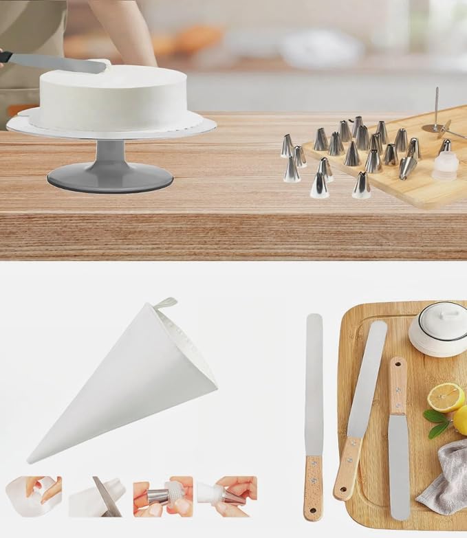 Cake Decorating Supplies Kit, Cake Baking Kit Includes 1 Cake Turntable,1 Cake Shovel, 2 Piping Bags,2 Icing Comb Scraper,3 Spatulas, A Box Of Piping Tip Set -24Types Of Cake Decorating Tips.