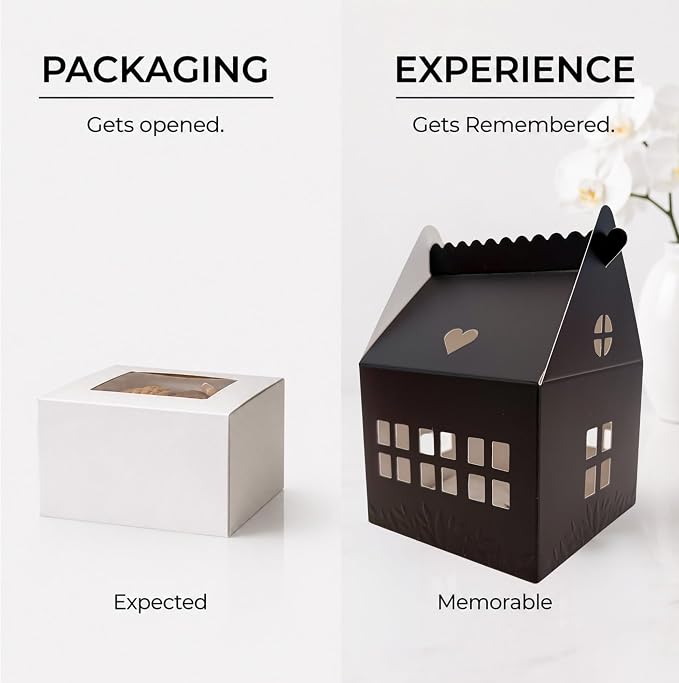 30 Pcs Cottage House Cookie Boxes with Window & Business Card Holder, Black, 4 x 4 x 6 in Bakery Gift Boxes for Treats, Desserts, Party Favors & Realtor Pop By Gifts