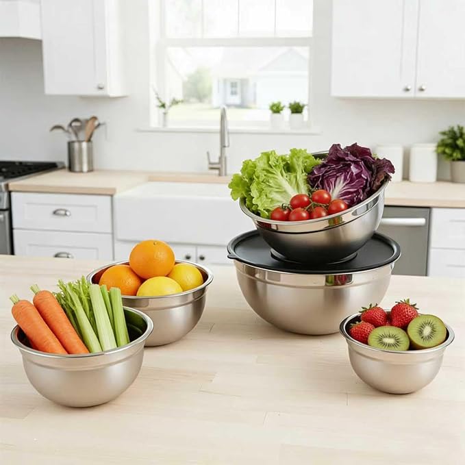 5 Pcs Mixing Bowls with Airtight Lids, Stainless Steel Mixing Salad Bowls with 3 Grater Attachments, Nesting Bowl for Kitchen Cooking, Prepping, Serving, Baking, 0.75/1/1.5/2.5/4.5QT, Black