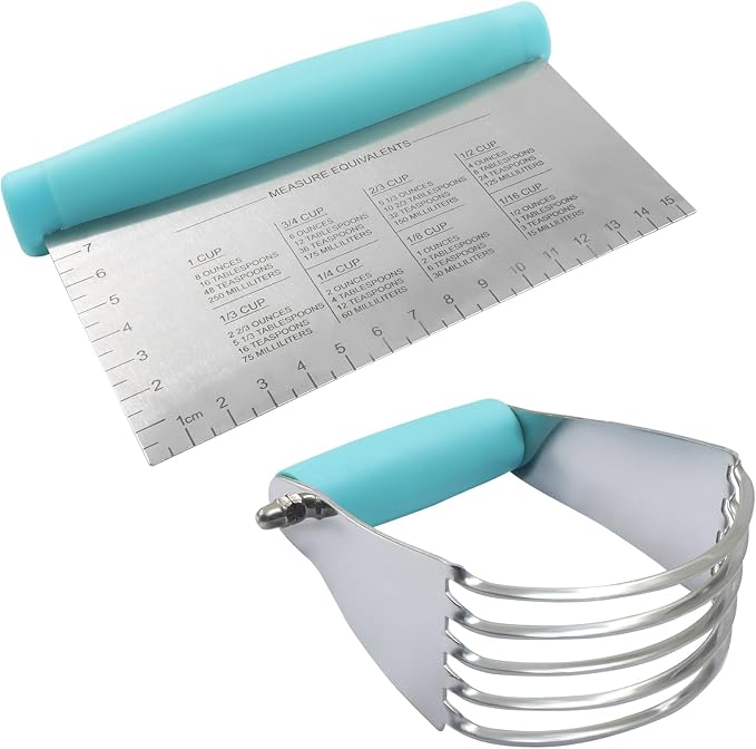 Stainless Steel Bench Scraper and Pastry Blender Cutter Set,Multipurpose Kitchen Baking Essential Tool with Comfortable Grip Handle for Baking/Nut Pie Dough Processing(Turquoise)