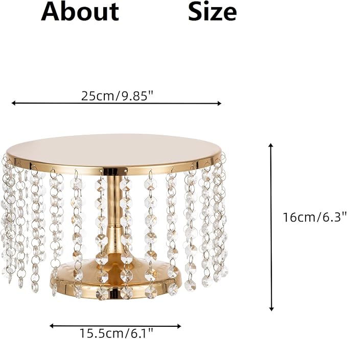 Cake Stand for Dessert Table 10 Inch Gold Crystal Pendants Metal Cake Stand Serves as A Round Dessert Cupcake Display Plate for Table, Wedding, Party, Event