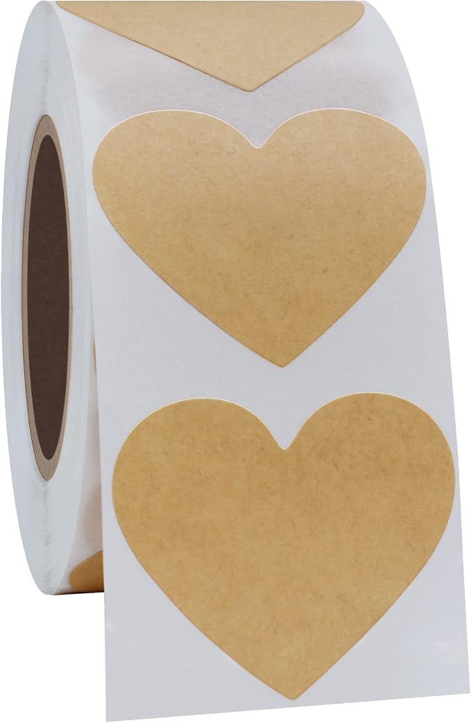 Hybsk Kraft Love Heart Stickers 1.5 Inch Adhesive Labels 500 Per Roll (Kraft)