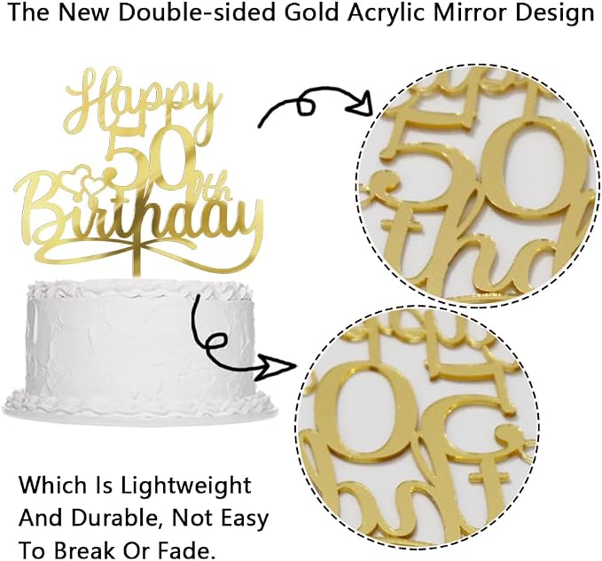 Sleyberoy Acrylic Happy 50th Birthday Cake Topper- Hello 50,Cheers to 50 Years,50th Anniversary/Birthday Party、 men and women Happy Fifty Birthday Selected cake decoration (50th)