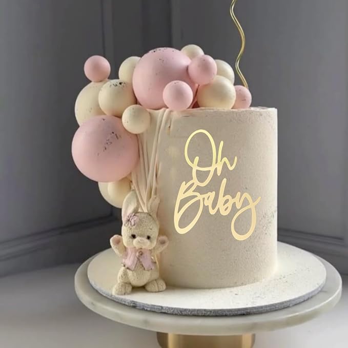 Oh Baby Cake Topper, Gold Acrylic Cake Toppers for Baby Shower, Gender Reveal Party Decorations, Photo Booth Props