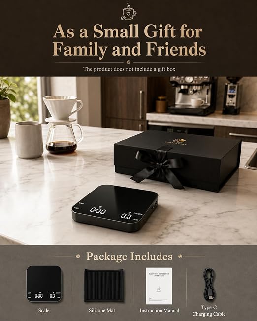 Coffee Scale with Timer, 0.1g Precision Mini Espresso Scale | USB-C Rechargeable Digital Kitchen Gram Meter, 6 Units, Fits Drip Tray, for Pour Over, Barista, Matcha (Black, 0.3-2000g)