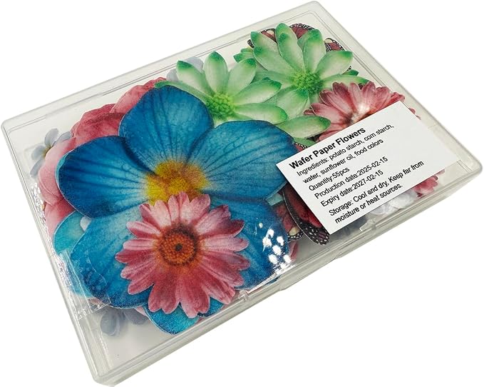 Set of 55 Edible Flowers & Butterflies Cupcake Toppers Wedding Cake Party Food Decoration Mixed Size & Colour for Anniversary (Flower Butterfly)