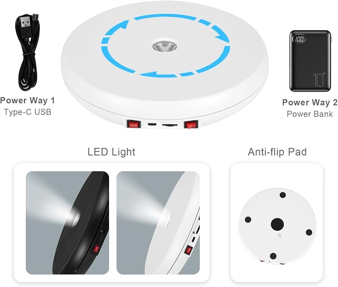Rotating Display Stand 10'' LED Light Turntable Stand Black Spinning Stand for Product Shows White