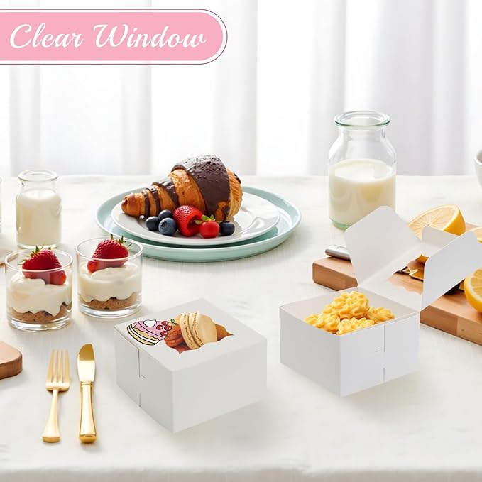 OAMCEG 30pcs Cookie Boxes with Window, 4x4x2.5 Inch Bakery Treat Boxes with Cake-Themed Stickers for Mini Cake, Pastry, Dessert, Chocolate, Strawberries, Party Favors (White)