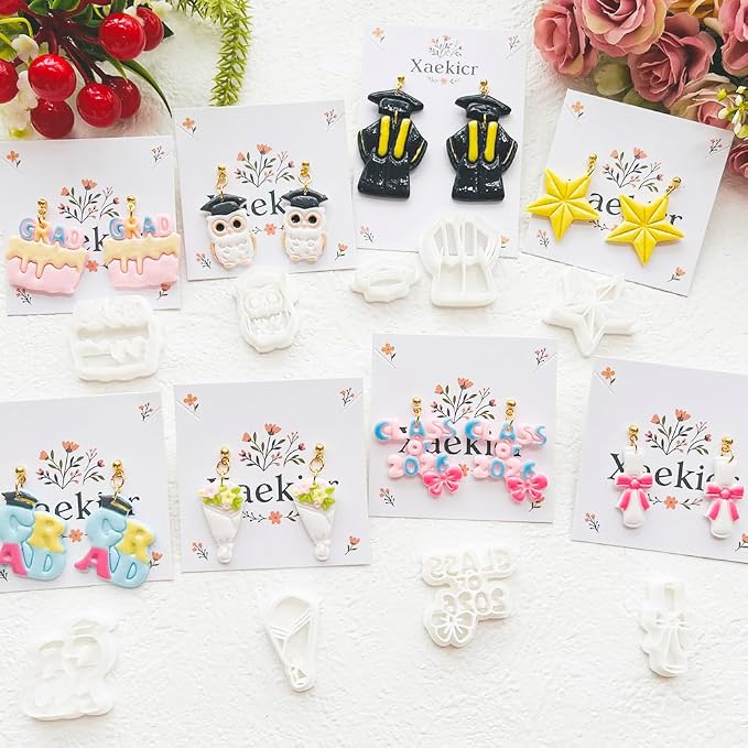 Graduation Polymer Clay Cutters Set - 9pcs Sharp & Durable Class of 2026, Grad, Owl, Cap, Gown, Cake & Star Shapes for DIY Earring Jewelry Making, Soft Clay Crafts & Class Party Supplies