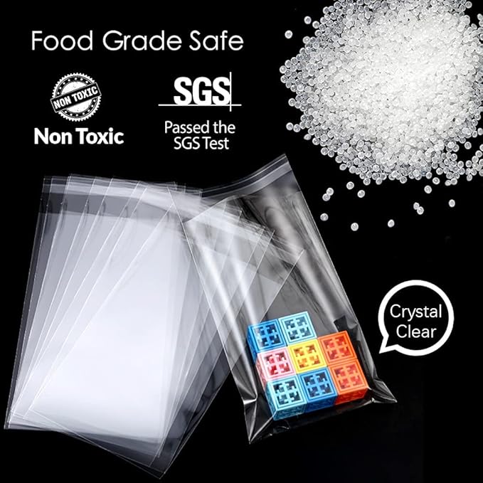 LEOSINDA 100 Pcs Clear Cellophane Bags, 9.5" x 12"Clear Plastic T Shirt Bags with Adhesive for Fits A4,Packaging, Letter, Small Business, Decorative Wrappers, Party Favors, Artwork and More
